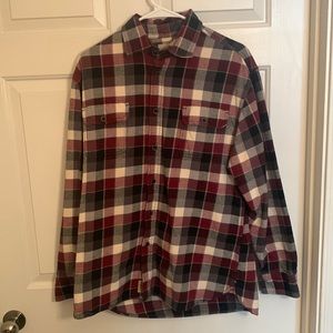 Jachs plaid button down. Color is maroon/white/black, size L.